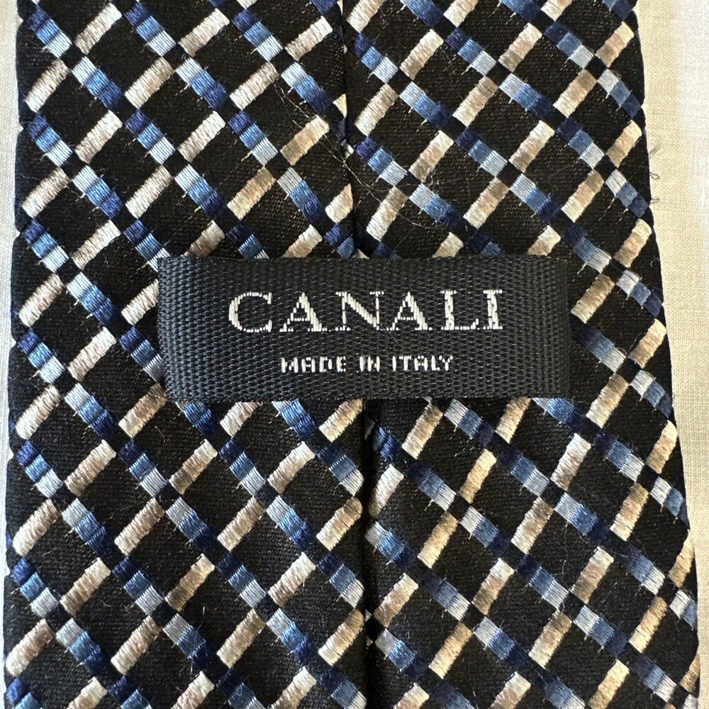 Canali Italy Silk Tie Geometric Woven Pattern Black Blue Beige Checkered Design